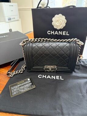CHANEL Black Quilted Boy-Style Crossbody Bag with Chain Strap